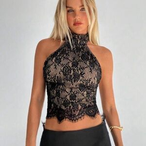 Aloruh Women Lace Halter Backless Sexy Black Camisole